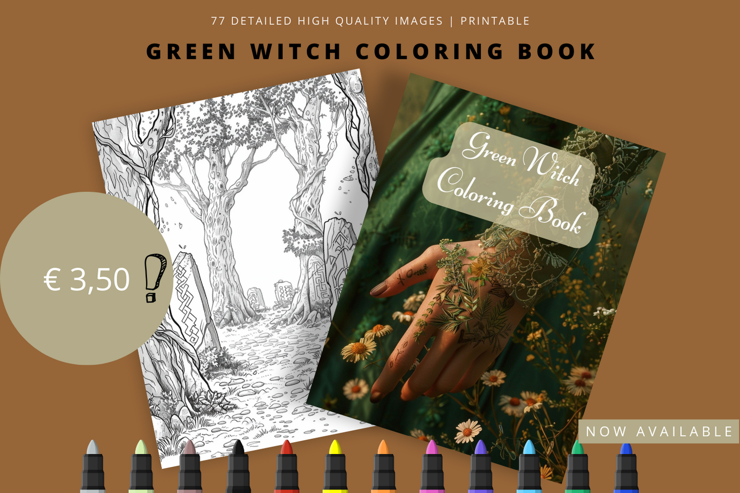 Green Witch Coloring Book - 77 Printable Pages for Adults - Only €3.50!