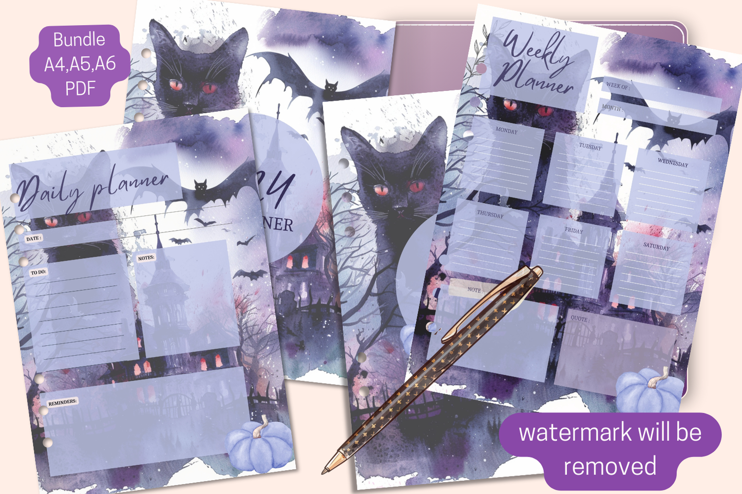 Halloween cat Planner Bundle: Weekly, Daily, and 2024-2025 Covers