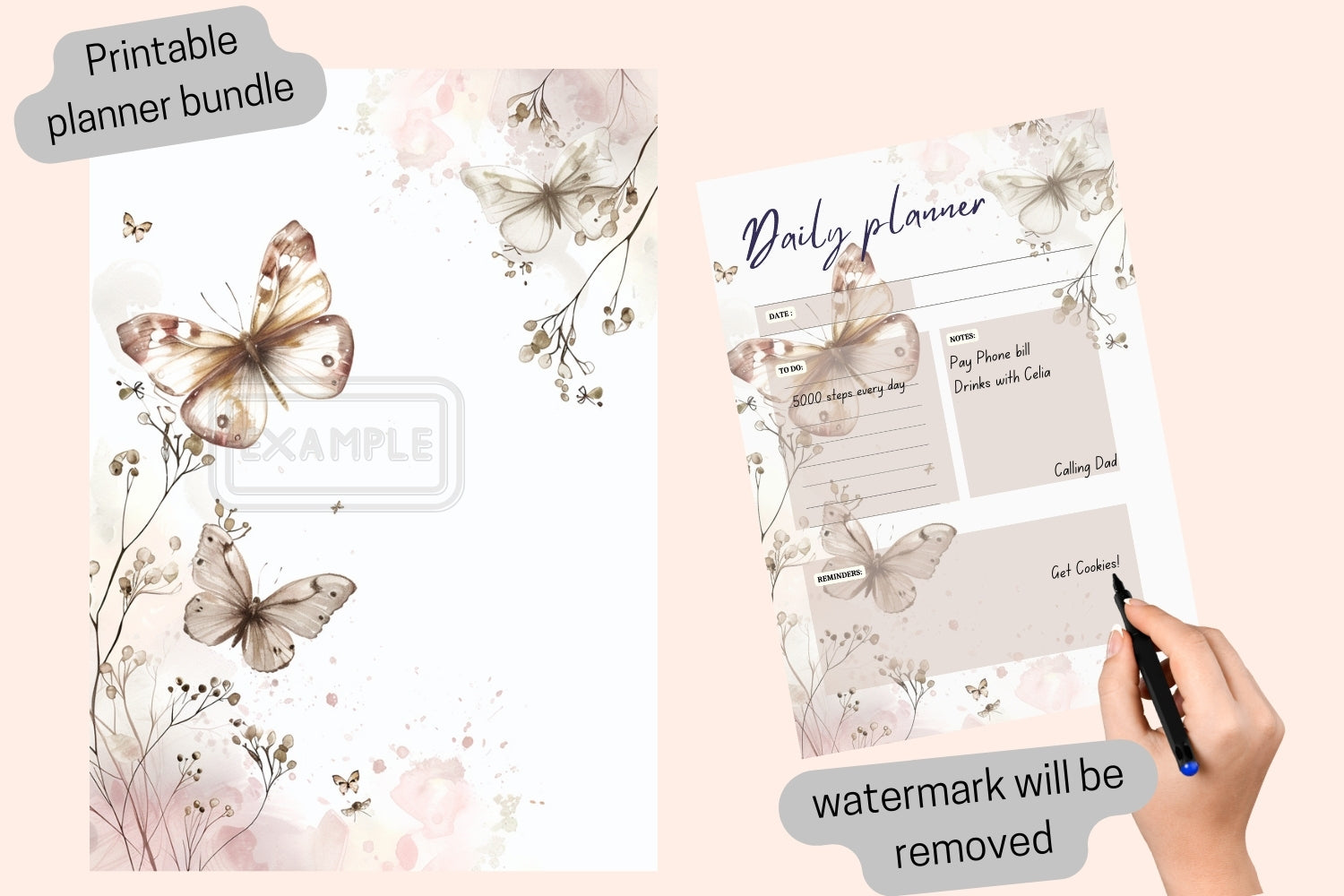 Beige watercolor butterfly daily planner with divider page, printable planner PDF.