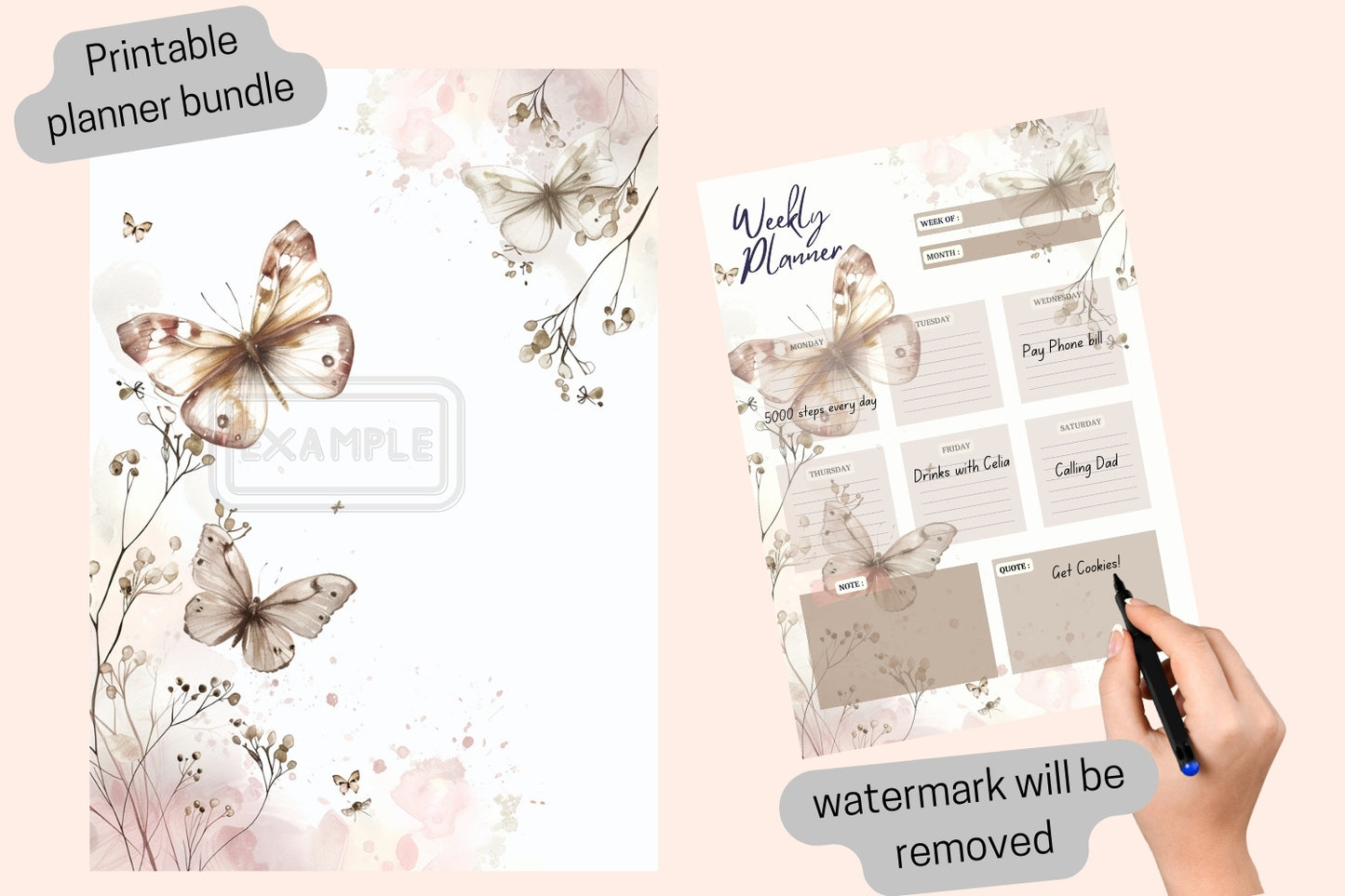 Weekly Planner - Watercolor Beige Light Pink Butterfly Theme