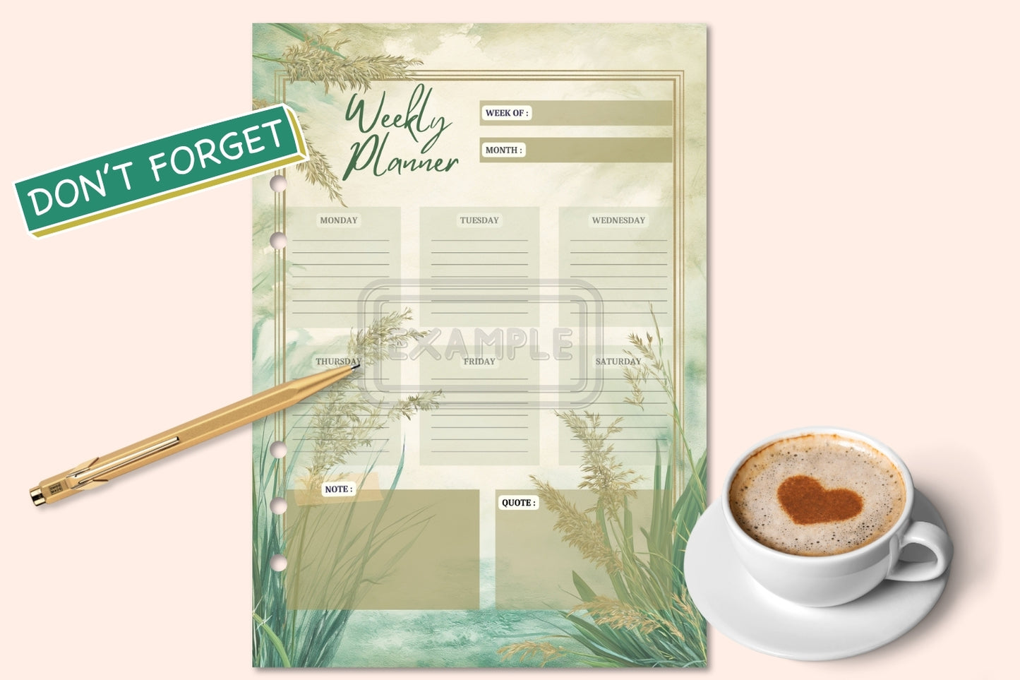 Weekly Planner - Watercolor Grass Theme - PDF Printable