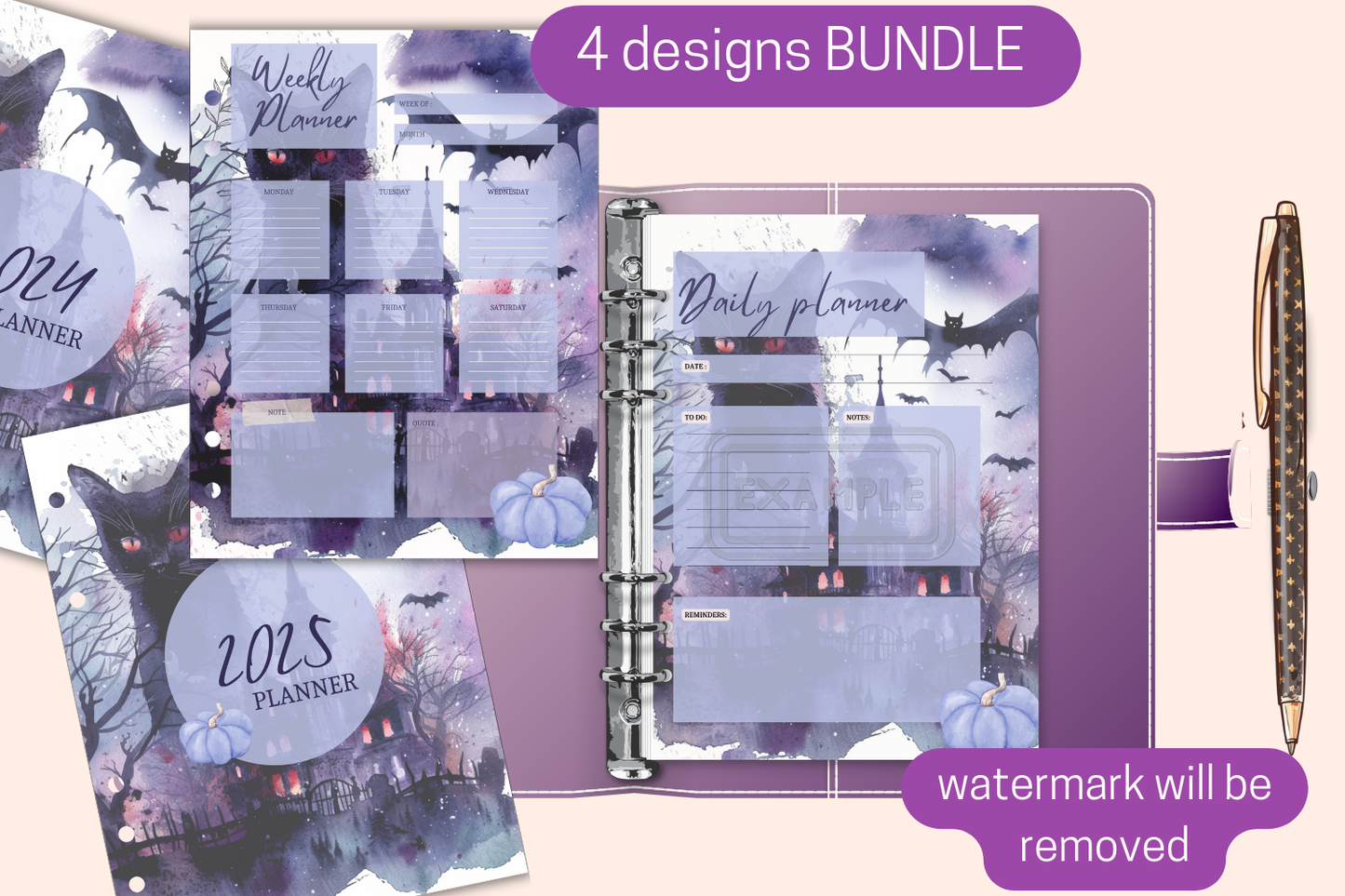 Halloween cat Planner Bundle: Weekly, Daily, and 2024-2025 Covers