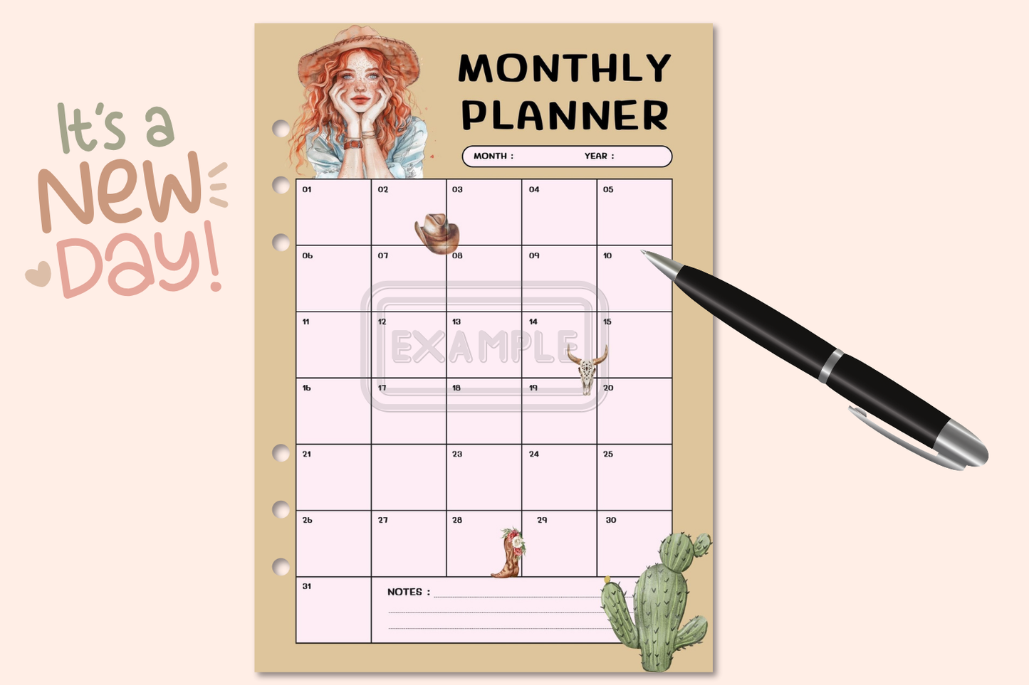 Western-Themed Monthly Planner with Watercolor Image