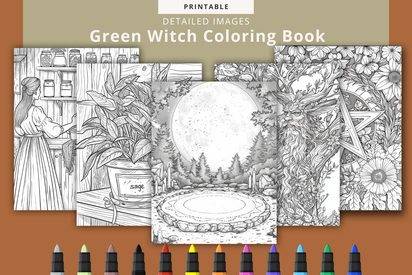 Inspirational coloring sheets featuring green witch spells, symbols, and garden designs