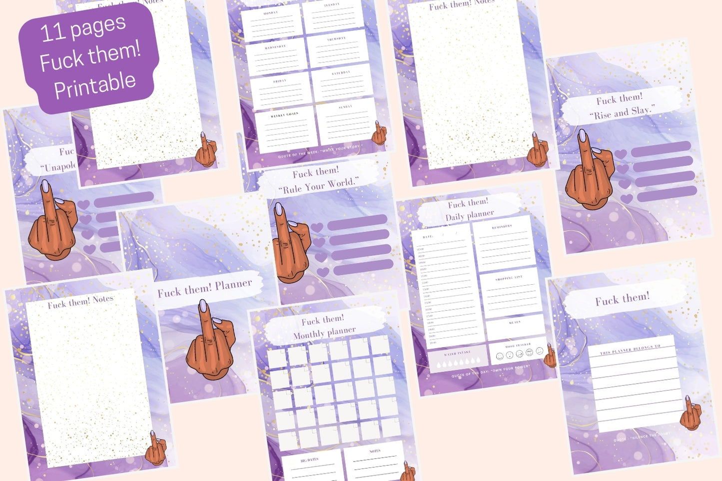 Compilation of different pages within the "Fuck Them!" Planner, showing the cover, to-do lists, and planning sections.