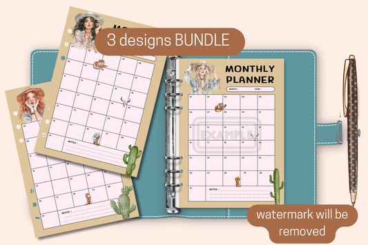 Cover image of the Monthly Planner Bundle featuring a western-themed watercolor image, perfect for monthly planning and organization.