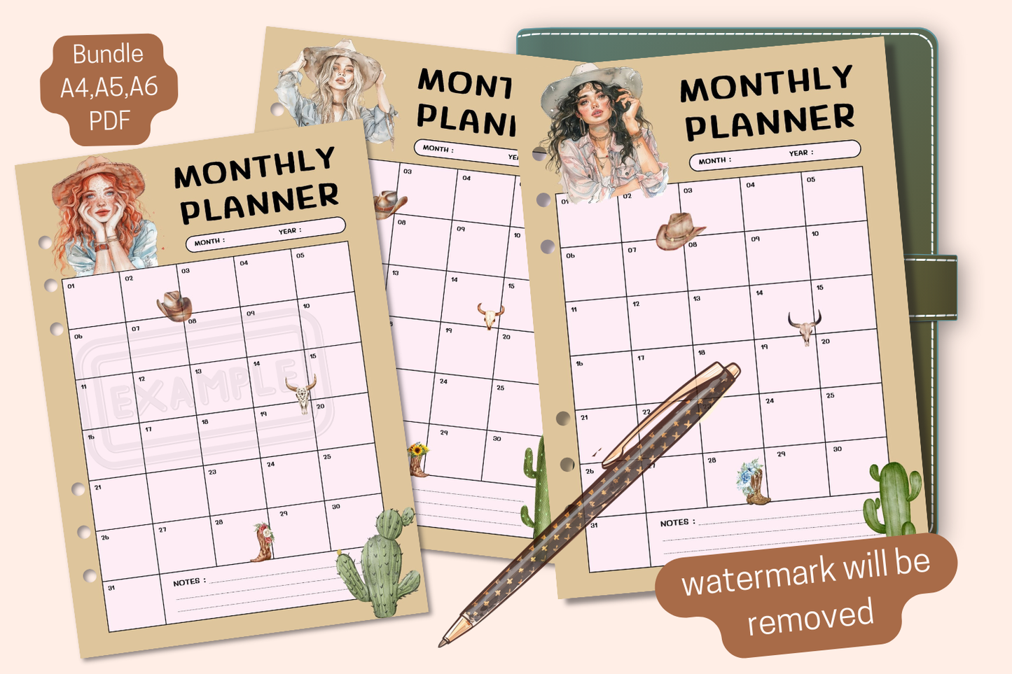 Inside pages of the Monthly Planner Bundle showcasing different monthly layouts, including calendars and goal-setting sections.