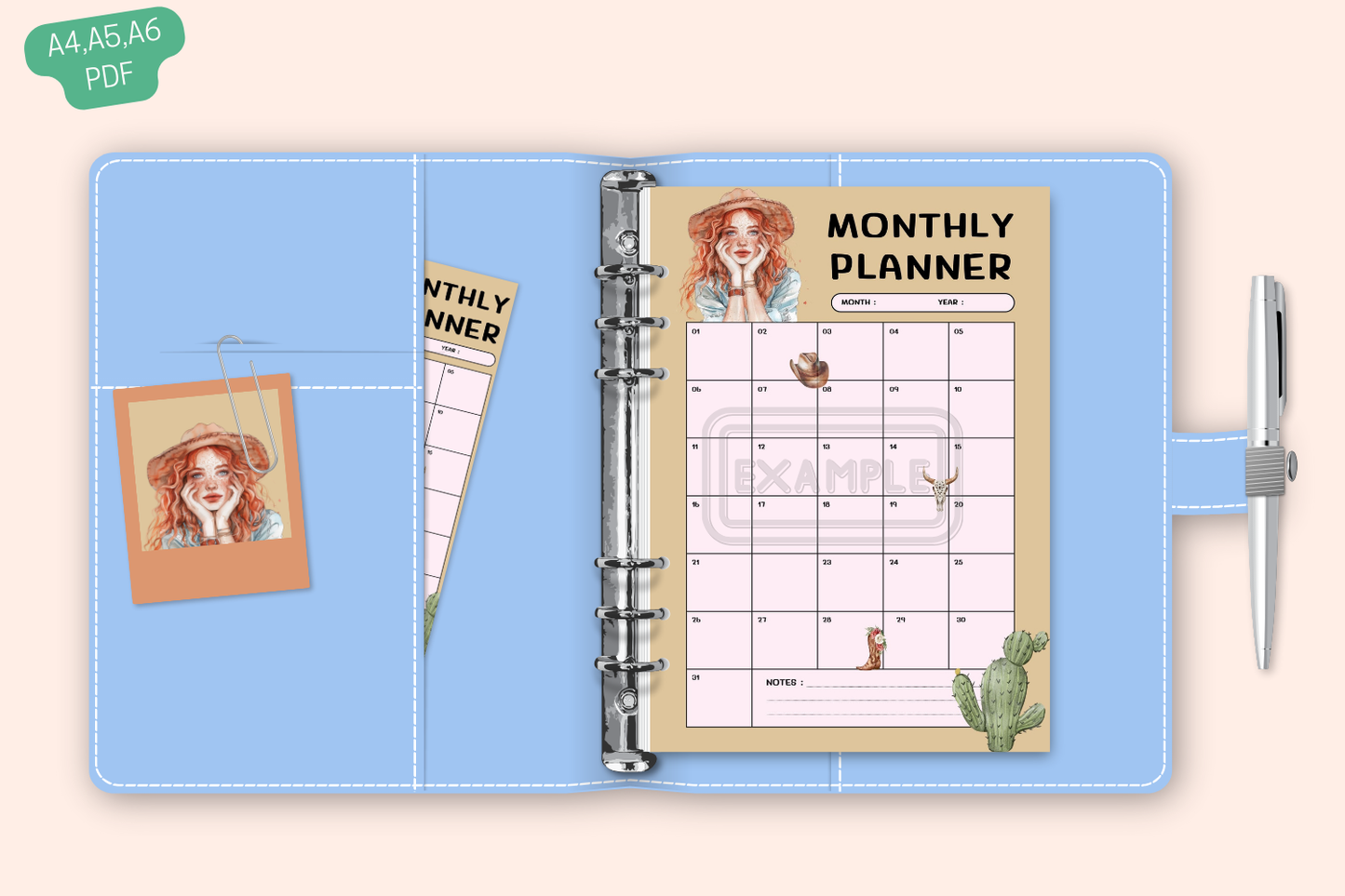 Western-Themed Monthly Planner with Watercolor Image