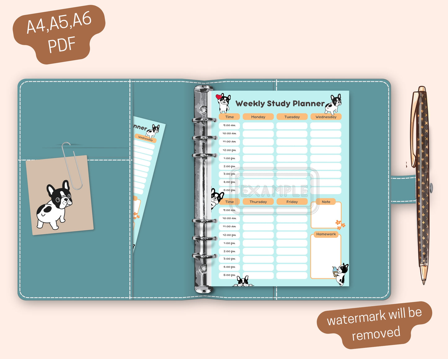 Weekly Study Planner with French Bulldogs - Digital Download