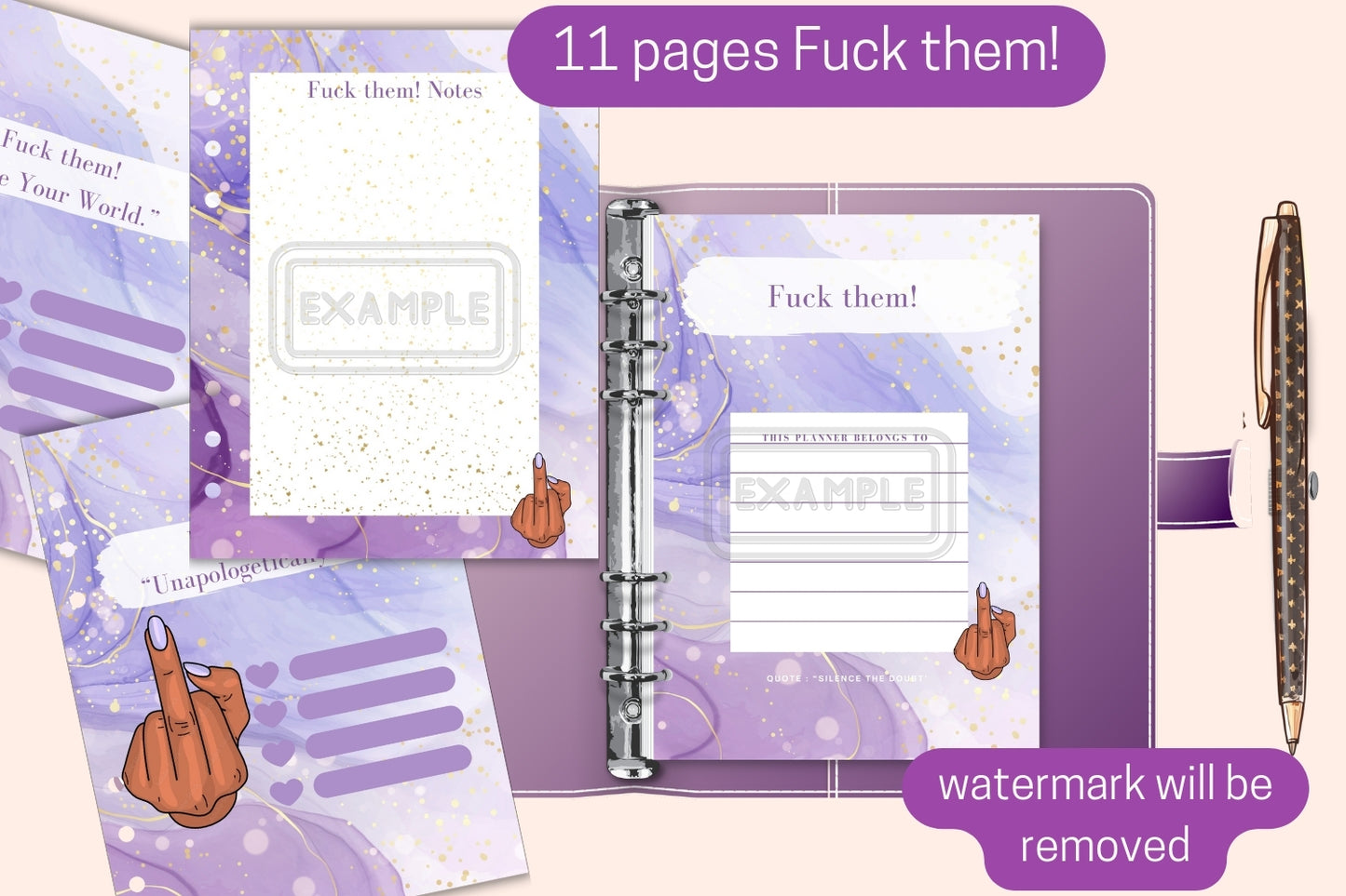 The "Fuck Them!" Planner showing its cover and a selection of inside pages, including daily and weekly planners, and divider quotes.