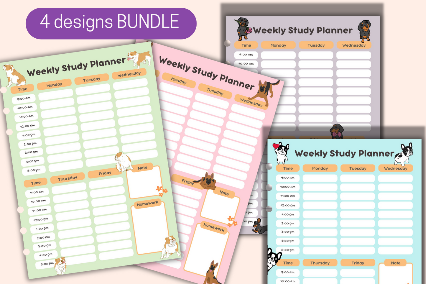 Bundle of 4 Weekly Study Planners with Cute Dog Themes for Students