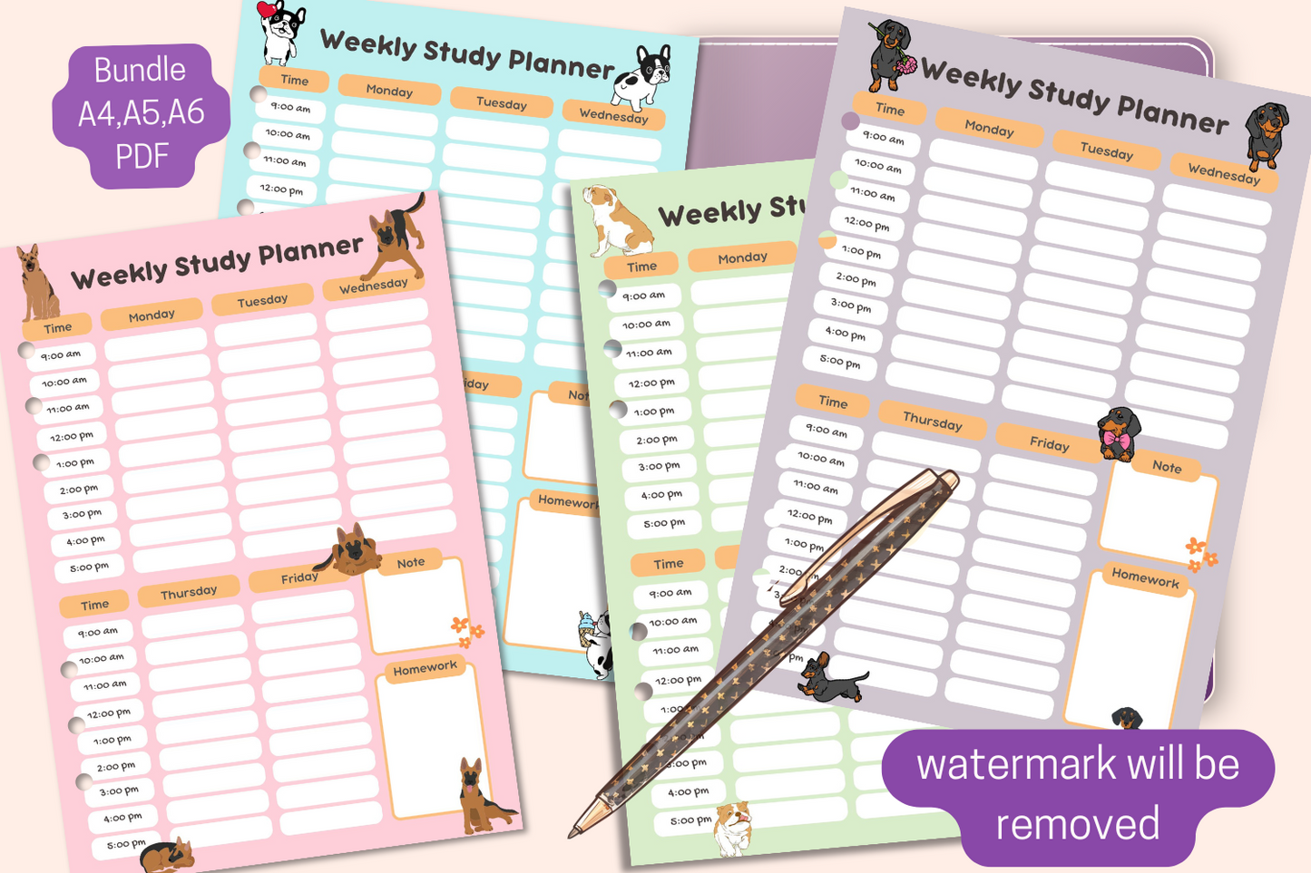 Bundle of 4 Weekly Study Planners with Cute Dog Themes for Students