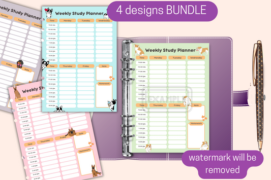 Bundle of 4 Weekly Study Planners with Cute Dog Themes for Students