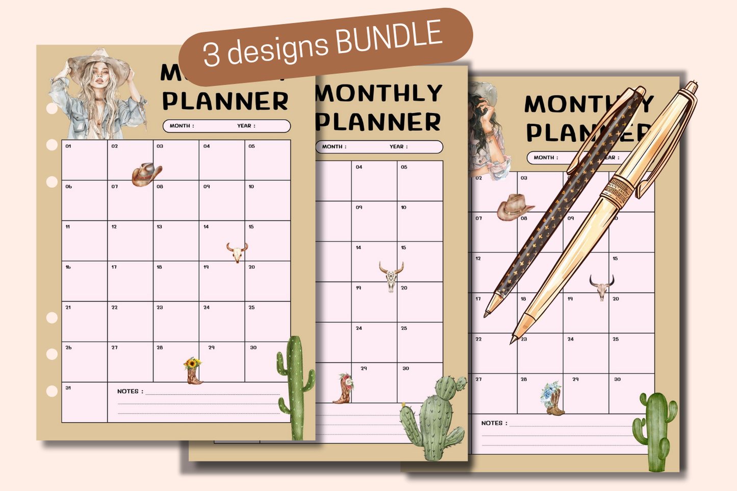 Display of the Monthly Planner Bundle available in A4, A5, and A6 sizes, ready for instant download in PDF format.