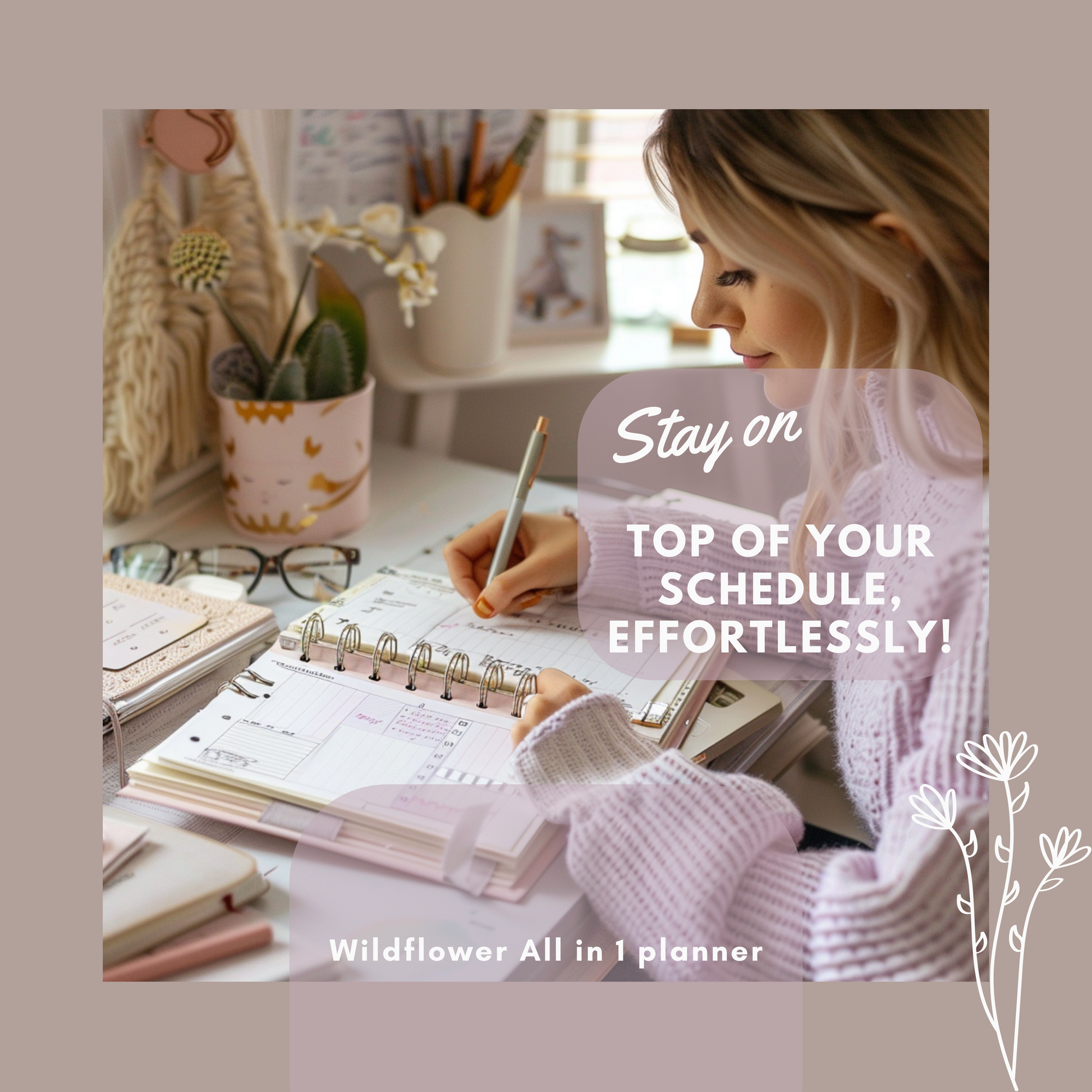 This beautiful floral planner is perfect for organizing your schedule and tasks, featuring stunning wildflower illustrations on the cover and throughout its pages.