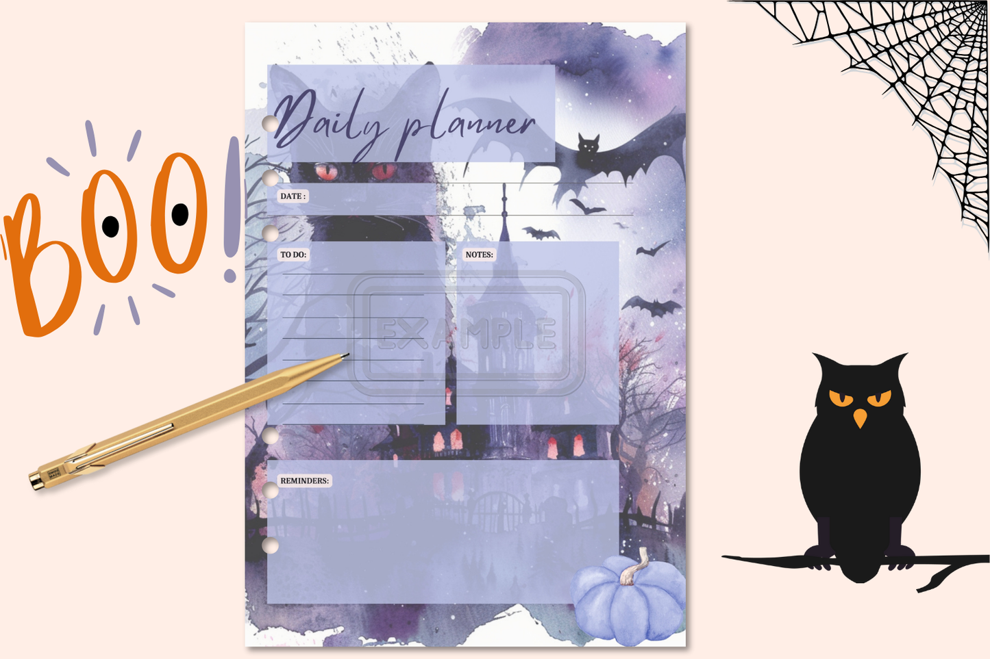 Close-up of the Purple Halloween Cat Planner in a binder, showing the spooky castle and black cat.