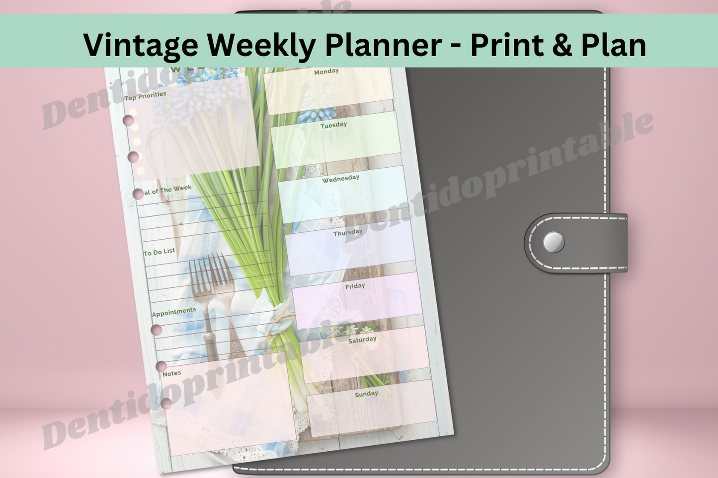 Weekly layout of the vintage-inspired planner, showing sections for top priorities, goals, appointments, and notes.