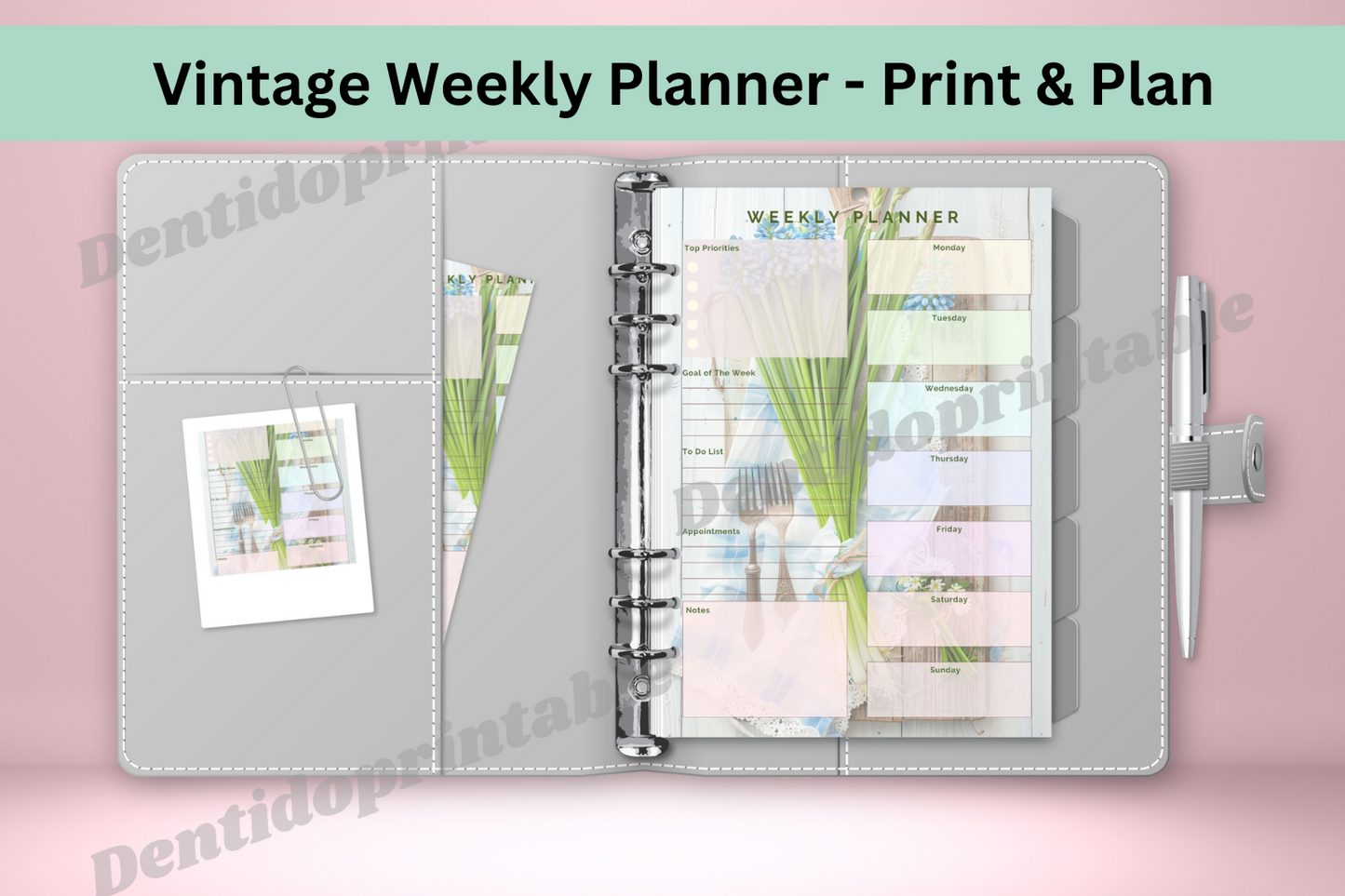 Cover of the vintage-inspired weekly planner in PDF format, undated and ready for printing.