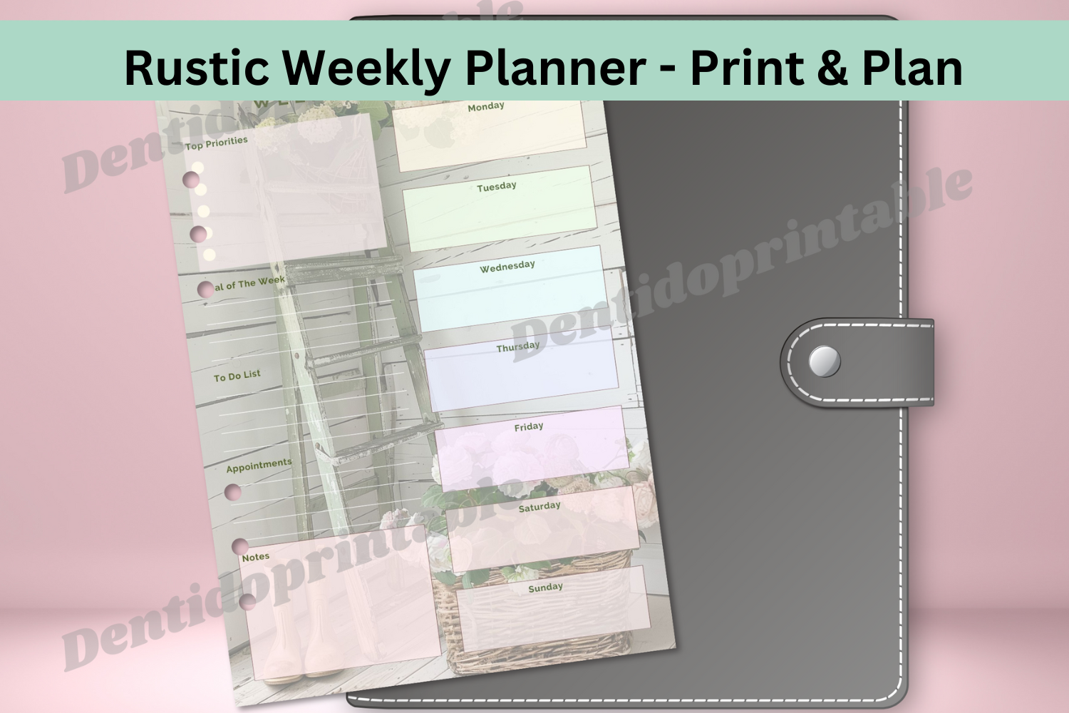 A5 binder with the rustic shabby chic weekly planner, perfect for stylish and organized weekly planning.