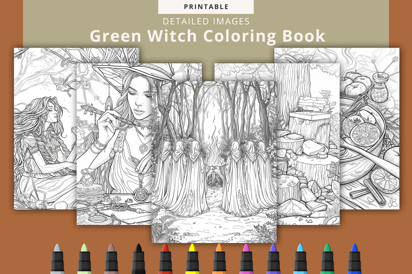 Green witch coloring book with detailed adult coloring pages for relaxation and mindfulness