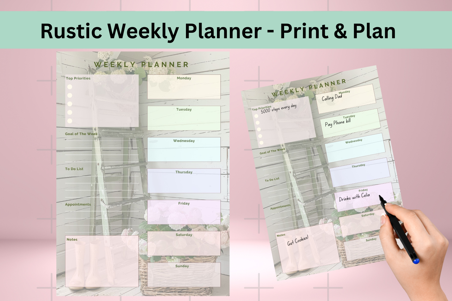 rustic shabby chic weekly planner in PDF format, undated and ready for printing.