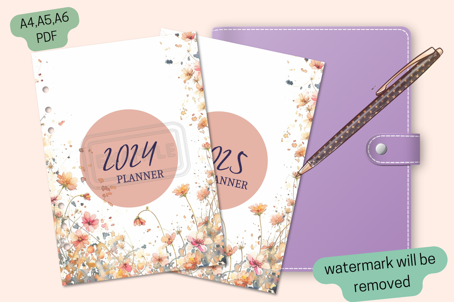 2024-2025 Planner Covers Set - Watercolor Wildflowers Theme - PDF Printable