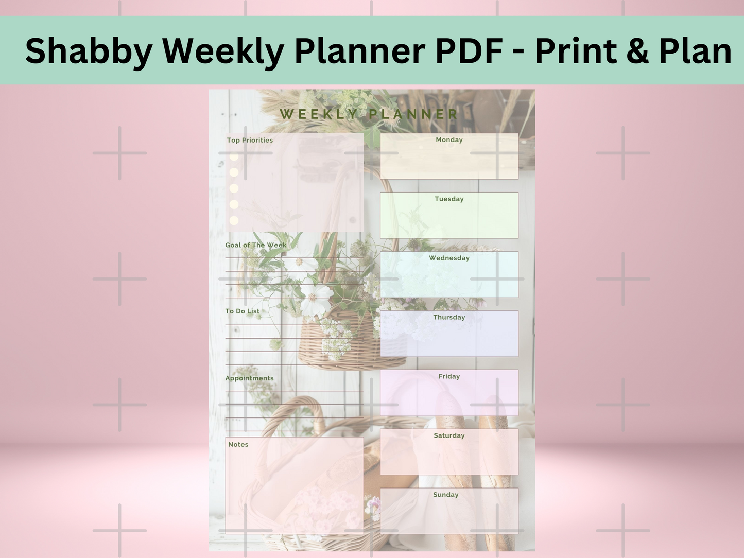 Interior pages of the elegant shabby chic weekly planner, featuring sections for priorities, goals, appointments, and notes.