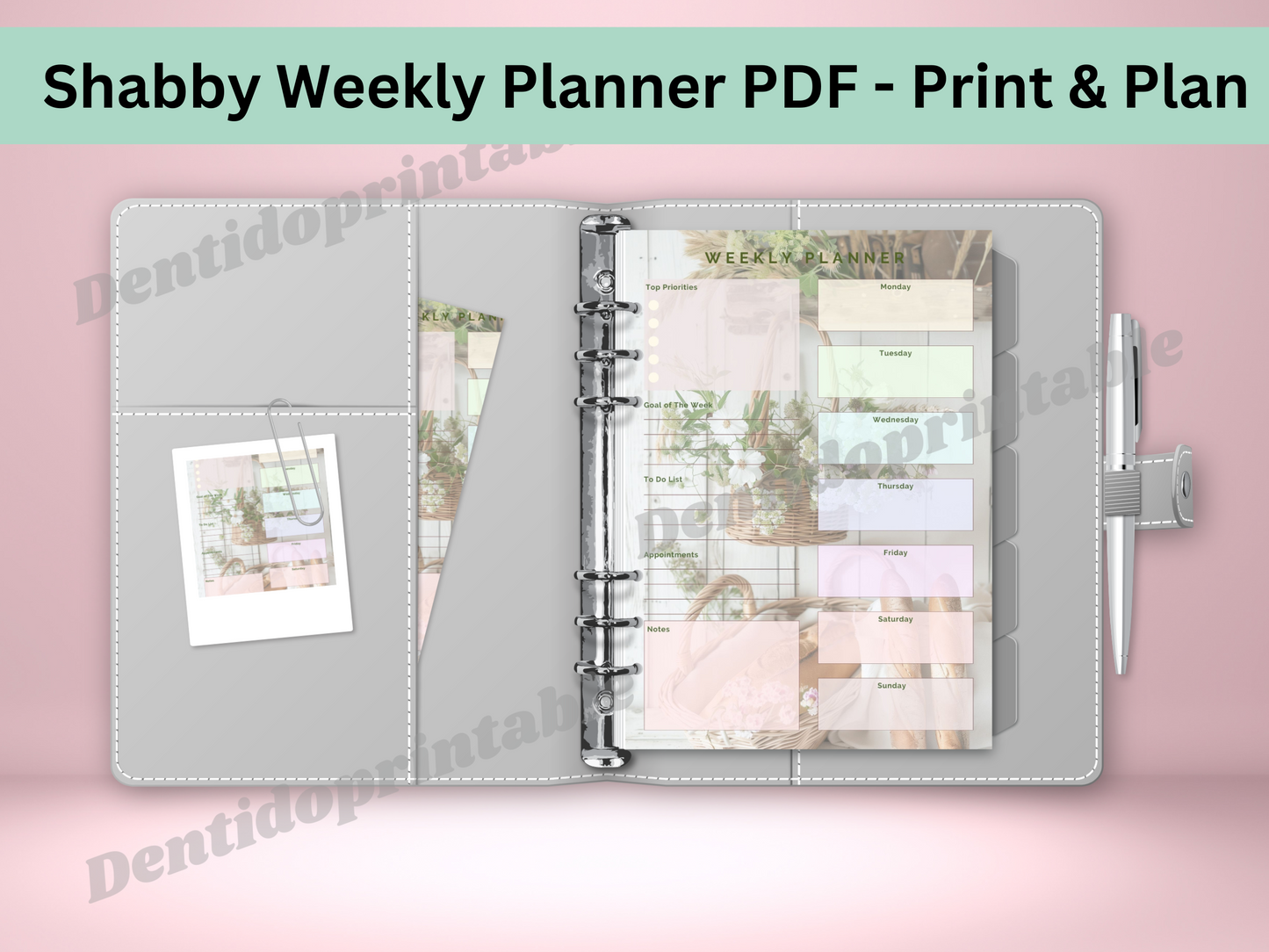 Printable spread of the shabby chic weekly planner showing a week's layout with space for daily tasks.