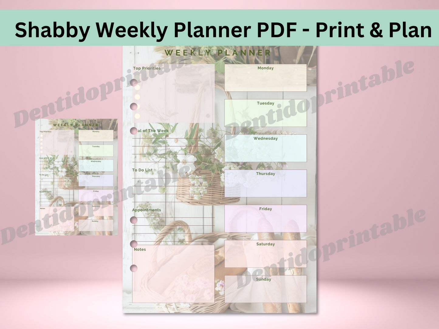 Interior pages of the elegant shabby chic weekly planner, featuring sections for priorities, goals, appointments, and notes.