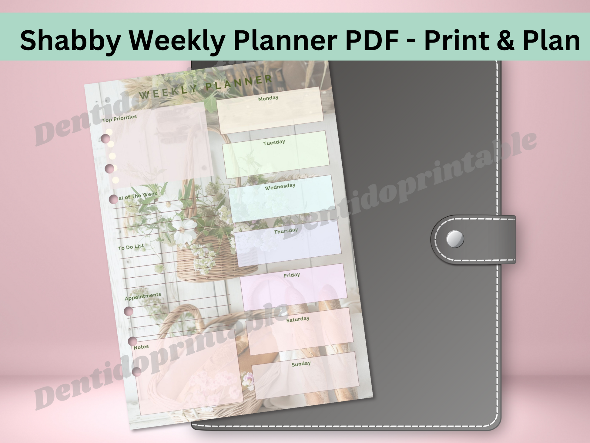 Elegant shabby chic weekly planner cover in PDF format, undated and ready for printing.