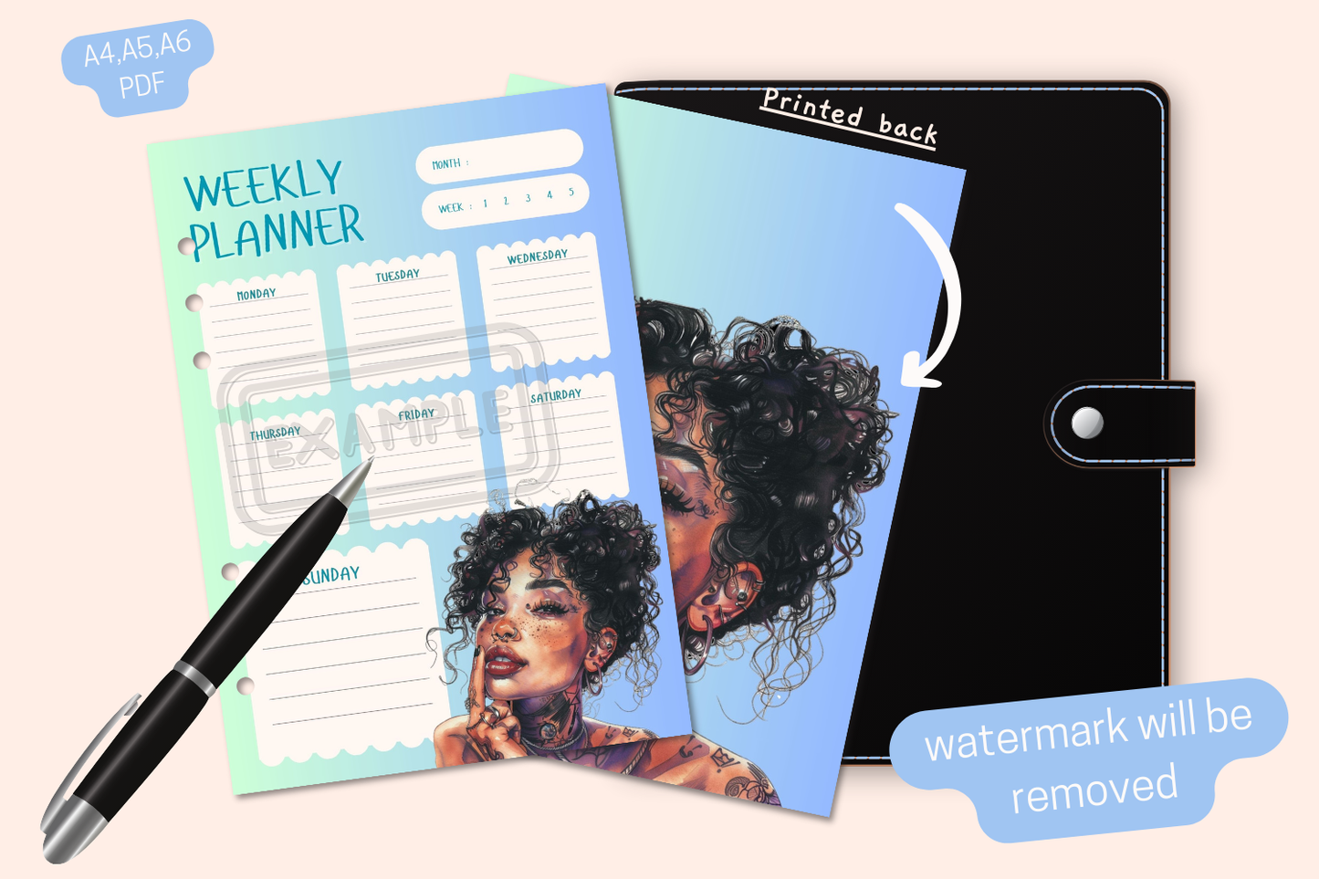 Weekly Planner cover featuring a striking watercolor image of a tattooed woman.