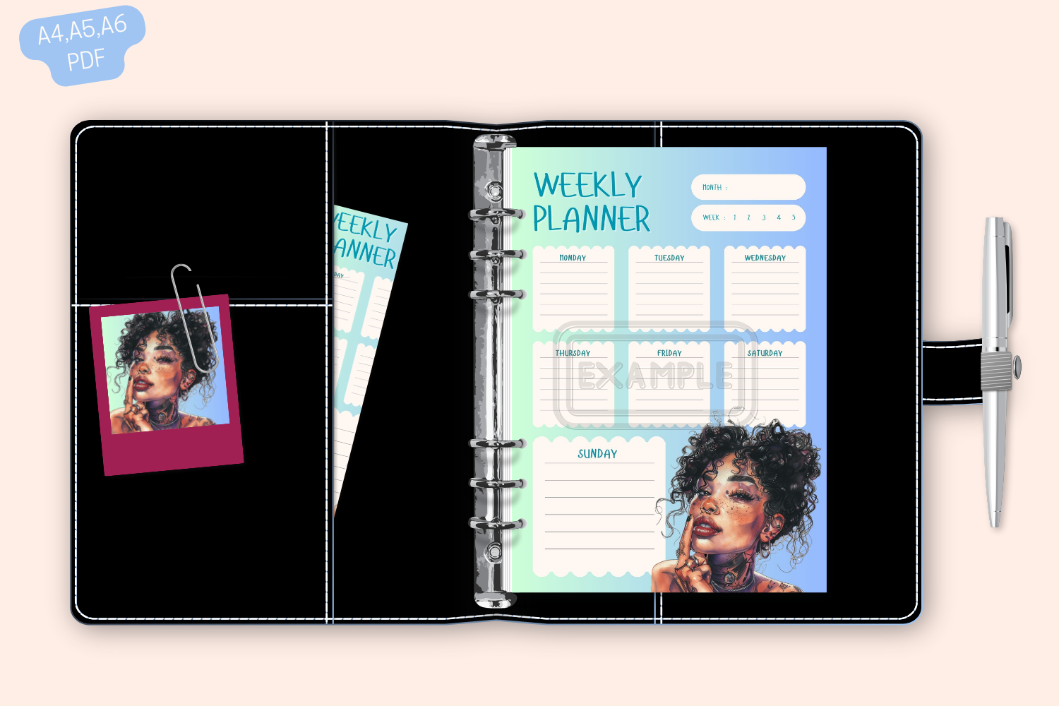 Weekly Planner available in A4, A5, and A6 sizes, featuring a striking tattooed woman.