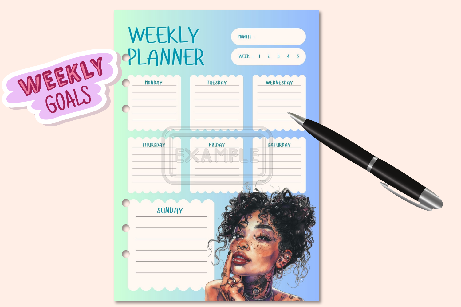 Interior pages of the Weekly Planner showcasing a creative and bold design for weekly planning.