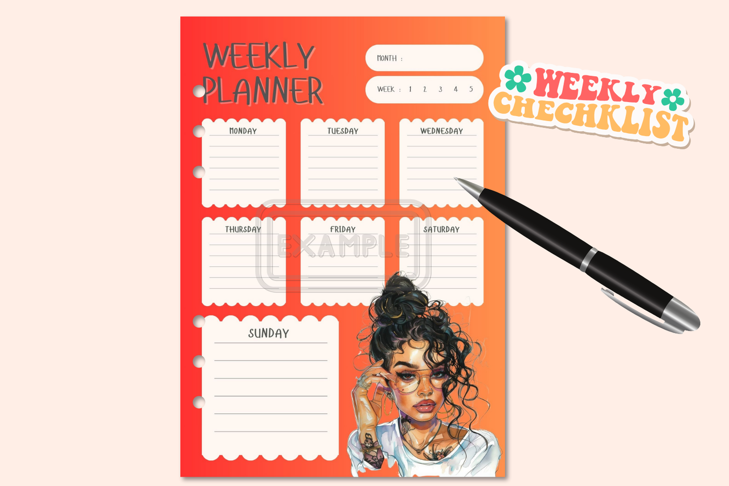 Weekly Planner with Watercolor Tattooed Woman - Plan Boldly