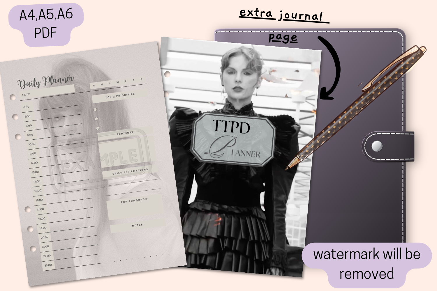 Full layout of the Taylor Swift-Themed Daily Planner with Swift-inspired designs.