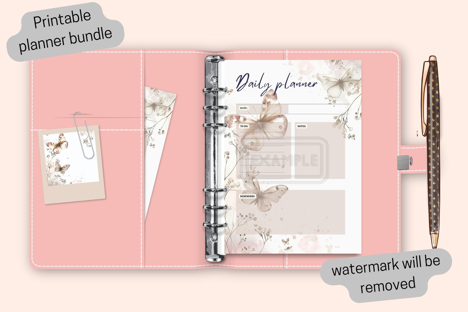 Printable planner divider page for watercolor butterfly beige daily planner, PDF format.