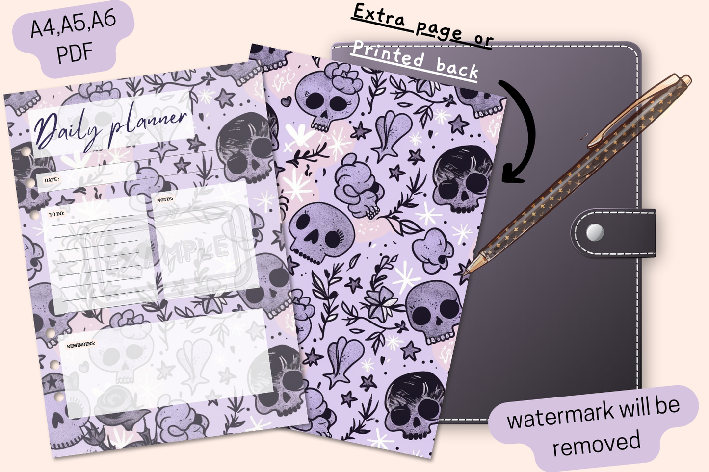 Full design view of the Halloween Skull and Stars Daily Planner with cute skulls and stars.