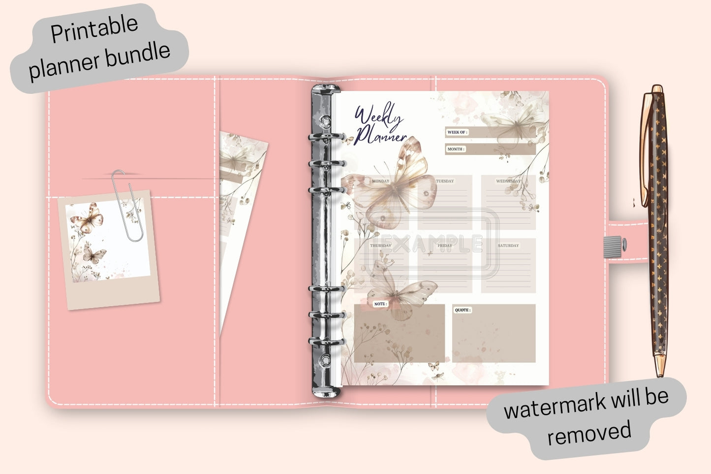 Weekly Planner - Watercolor Beige Light Pink Butterfly Theme