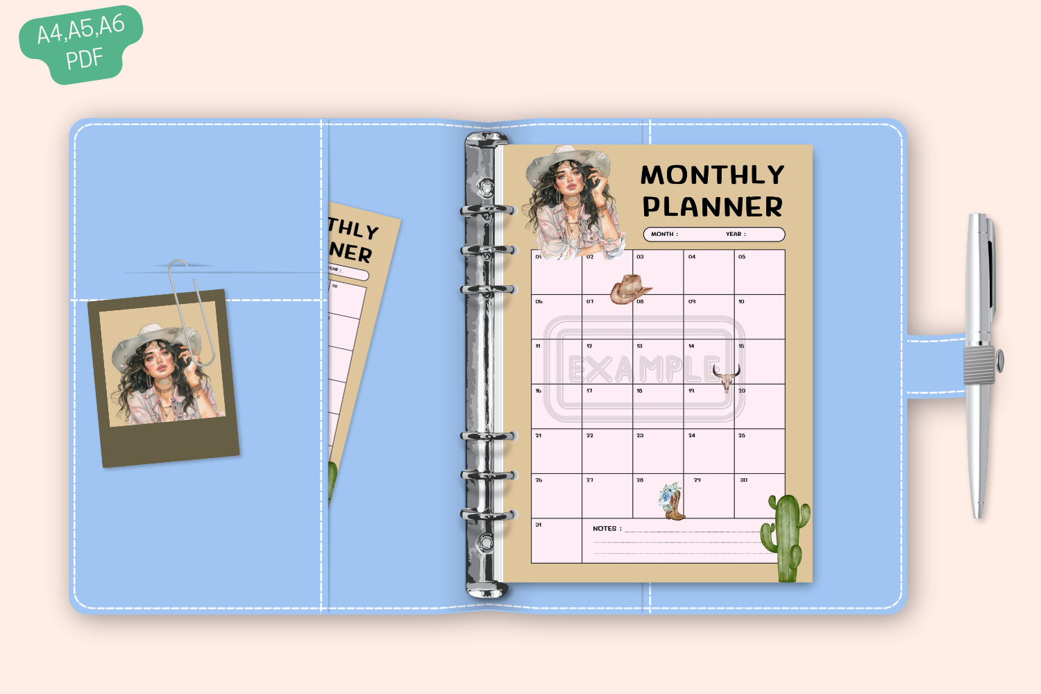 Monthly Planner available in A4, A5, and A6 sizes, featuring a charming Western style.