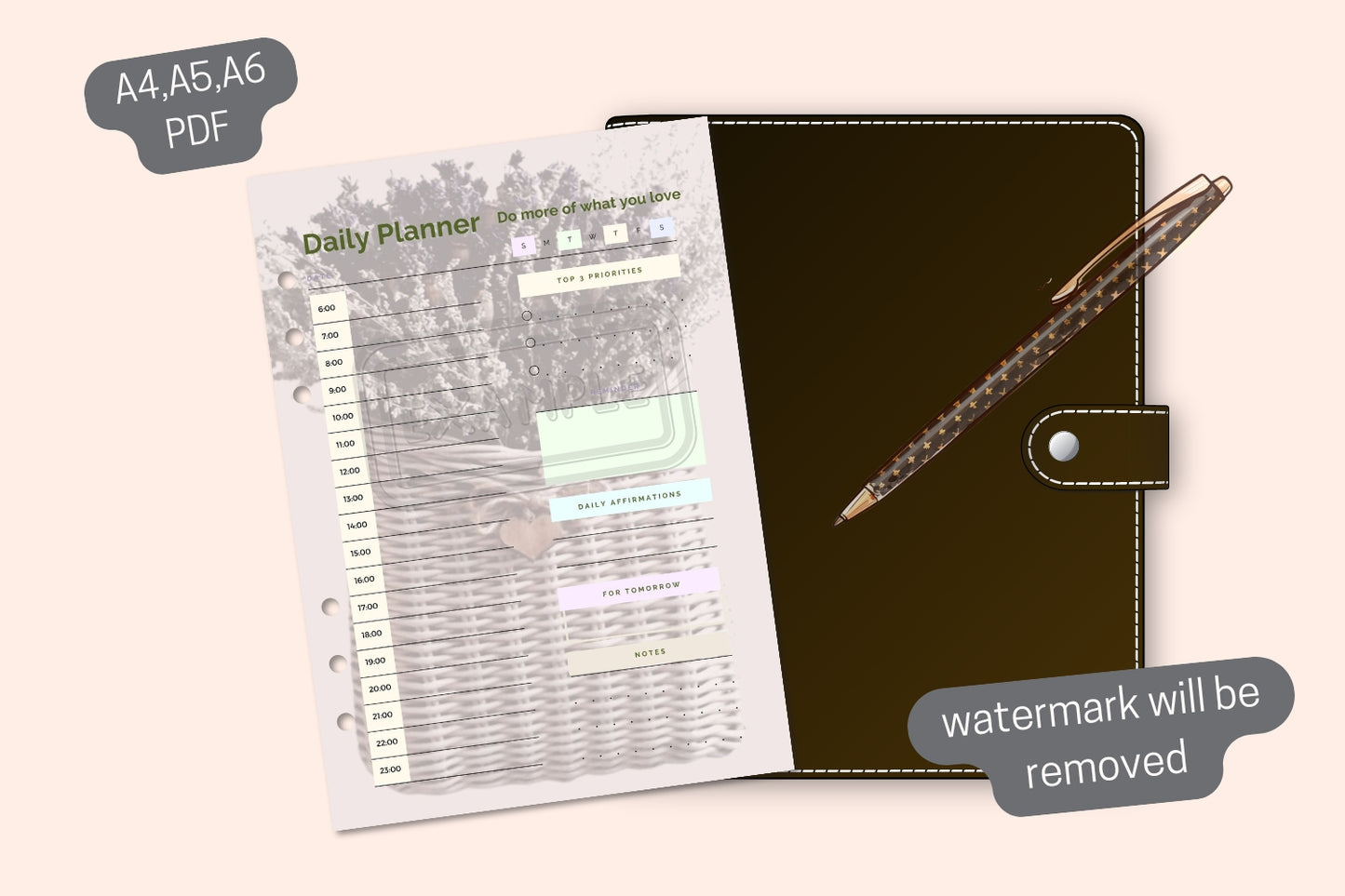 Full view of the Classic Shabby Chic Daily Planner printable PDF.