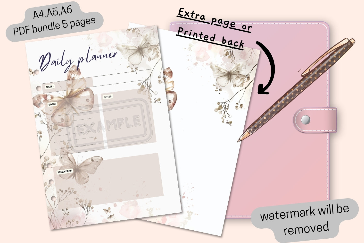 Watercolor butterfly daily planner, beige tones, printable planner PDF.