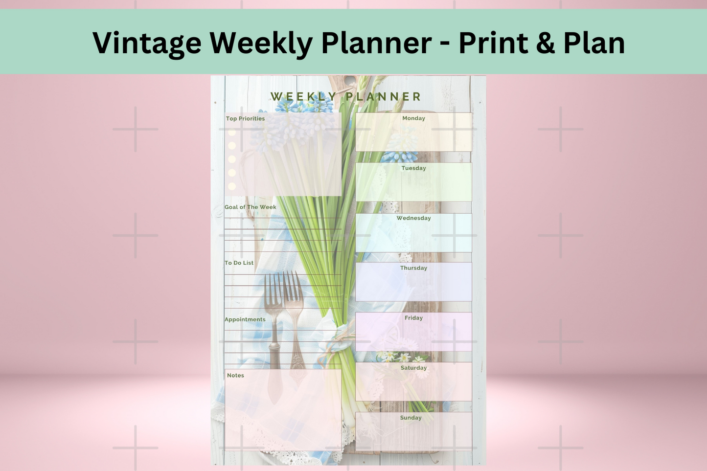 Printable vintage-inspired weekly planner spread with space for each day's tasks and notes.