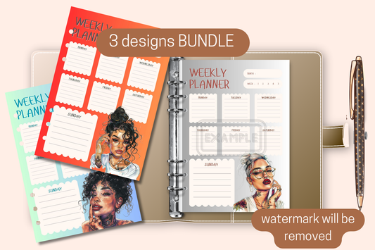 Cover image of the Weekly Planner Bundle featuring a watercolor image of a tattooed woman, ideal for weekly planning and organization.