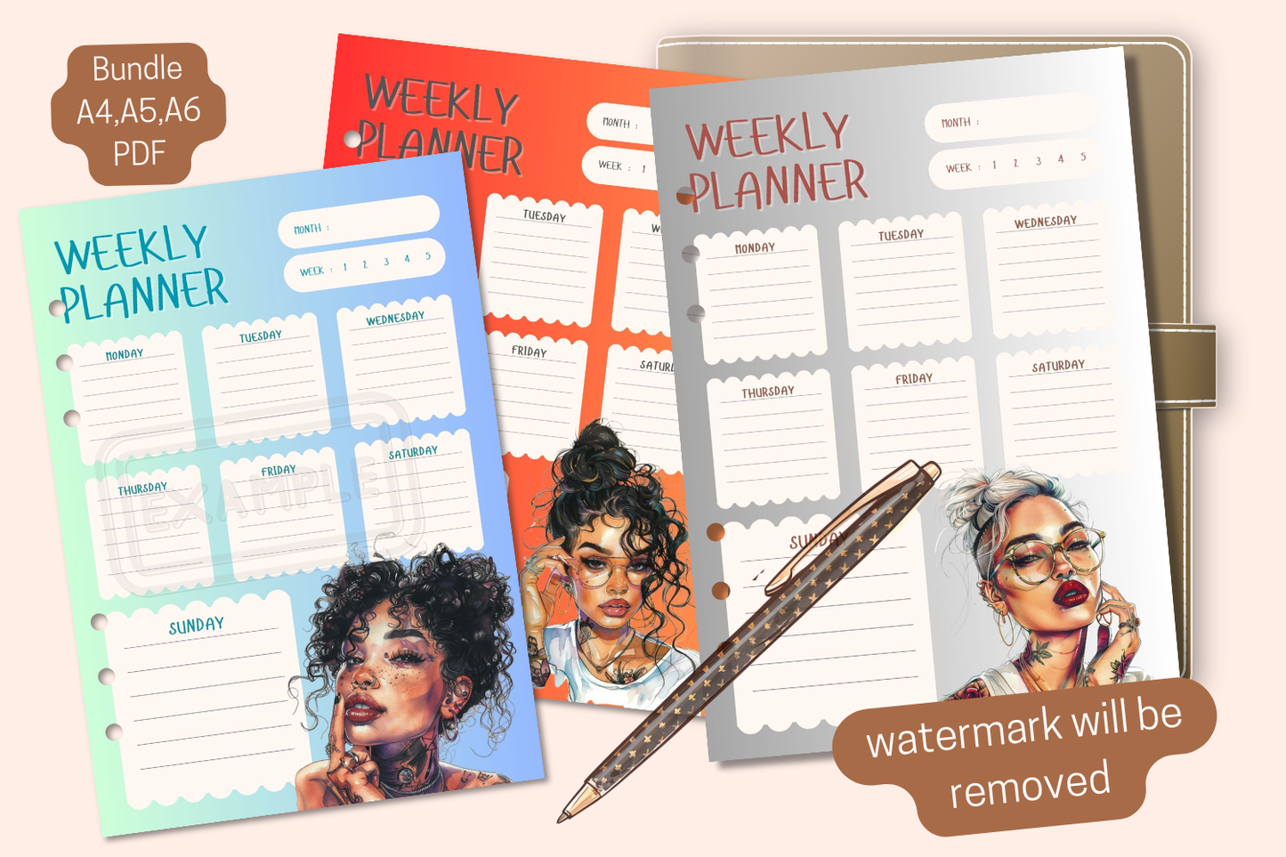  Inside pages of the Weekly Planner Bundle showcasing different weekly layouts, including sections for goals and priorities.