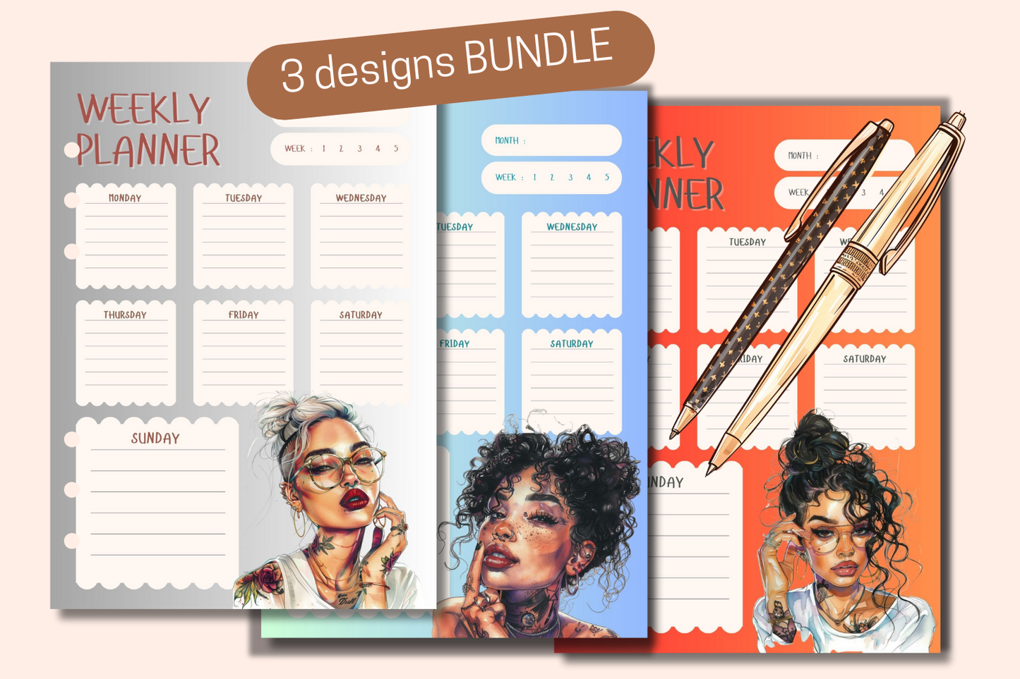 Display of the Weekly Planner Bundle available in A4, A5, and A6 sizes, ready for instant download in PDF format.