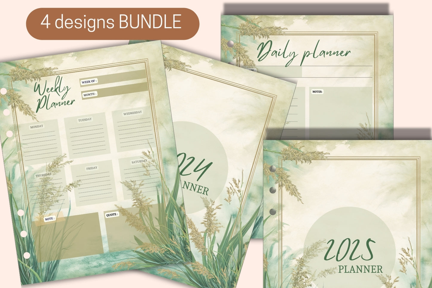 Planner Bundle - Weekly & Daily Planners + 2024-2025 Covers - Watercolor Grass Theme - PDF Printable