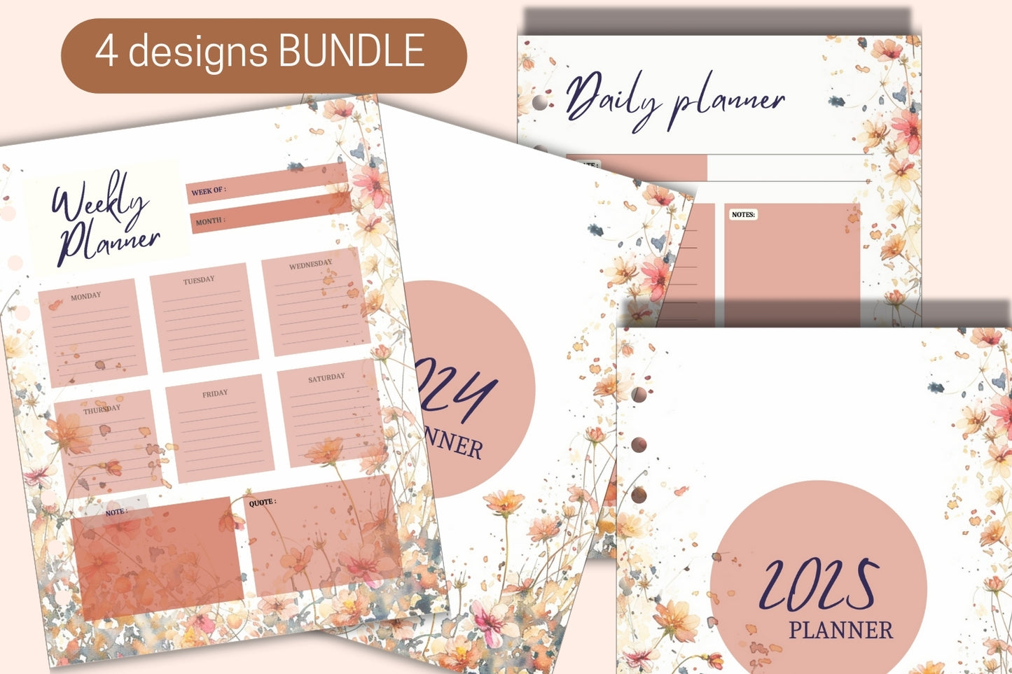 Complete Watercolor Wildflower Planner Bundle - Weekly & Daily Planners with 2024-2025 Covers