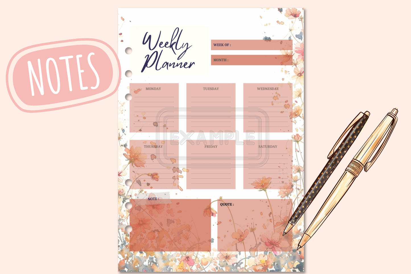 Weekly Planner - Watercolor Wildflowers Theme - PDF Printable