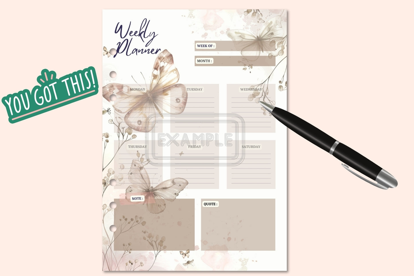 Weekly Planner - Watercolor Beige Light Pink Butterfly Theme