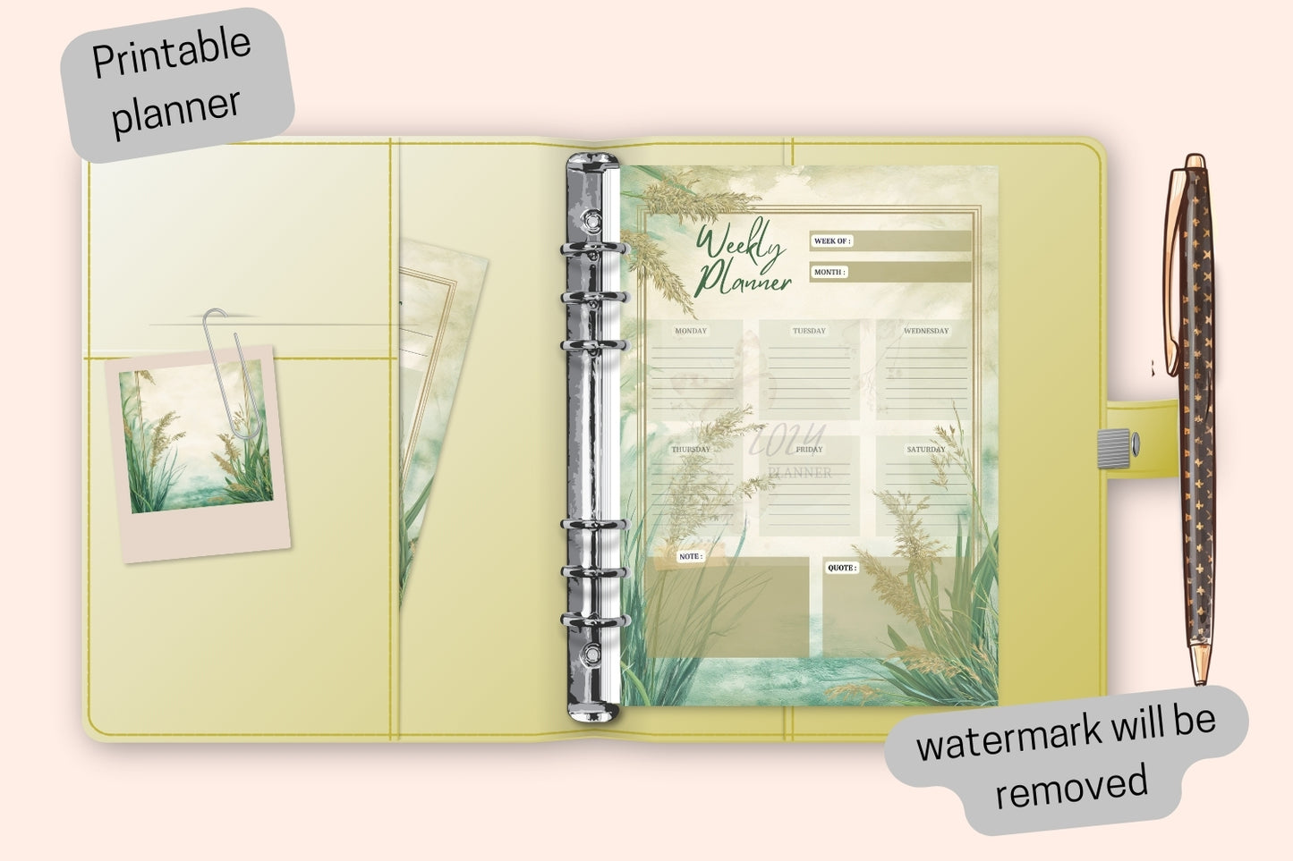 Weekly Planner - Watercolor Grass Theme - PDF Printable